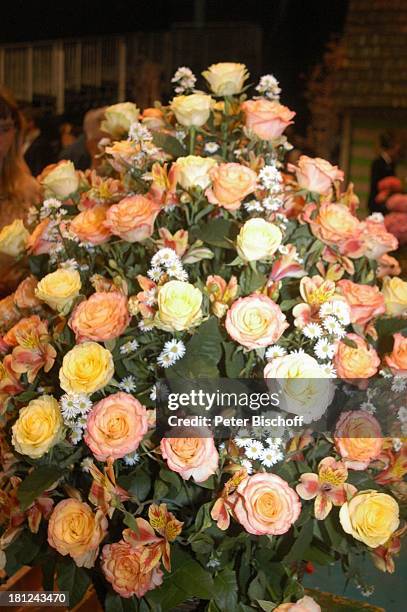 Blumen-Arrangement von "Fleurop", nach der ARD-Musik-Show "Musikantenstadl", Bremen, , "Stadthalle", Backstage, Gla<s Bier, anstoßen, Brille, Sohn,...