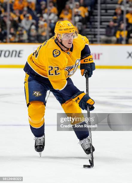 Tyson Barrie of the Nashville Predators skates against the Calgary Flames during an NHL game at Bridgestone Arena on November 22, 2023 in Nashville,...