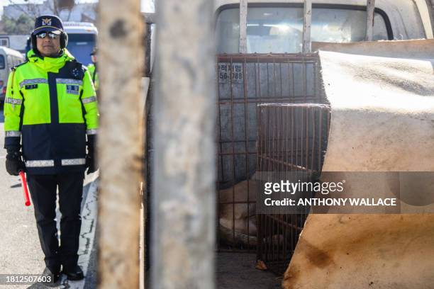 Policeman stands guard next to a truck containing caged dogs during a protest by dog farmers against the government's move to ban dog meat...