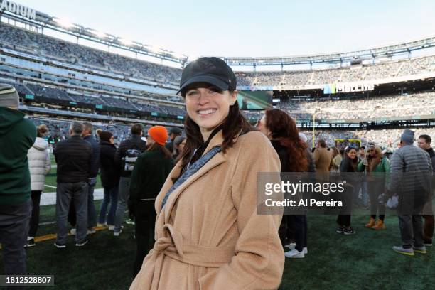 Alexandra Daddario attends the Miami Dolphins vs the New York Jets "Black Friday" game at MetLife Stadium on November 24, 2023 in East Rutherford,...