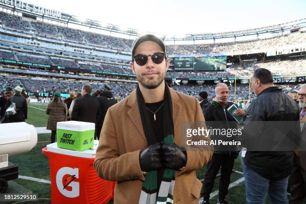 Skylar Astin attends the Miami Dolphins vs the New York Jets "Black Friday" game at MetLife Stadium on November 24, 2023 in East Rutherford, New...