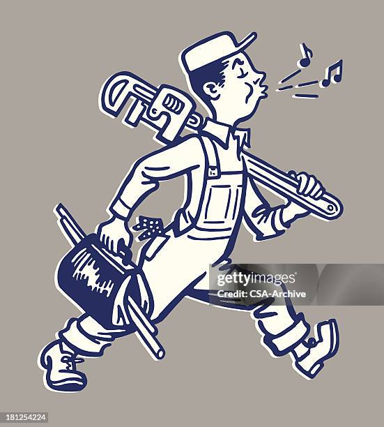 illustrazioni stock, clip art, cartoni animati e icone di tendenza di fischiare idraulico a piedi lavoro - maintenance engineer
