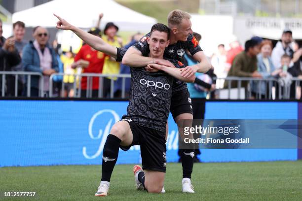 Bozhidar Kraev of Wellington and Nicholas Pennington of Wellington celebrate a goal during the A-League Men round five match between Wellington...