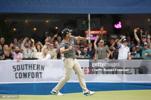 Joaquin Niemann of Chile throws his ball into the crowd on the 17th hole during day three of the 2023 Australian PGA Championship at Royal Queensland...