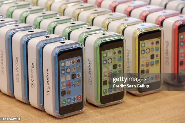 New Apple iPhone 5C smartphones await customers at the Berlin Apple Store on the first day of sales on September 20, 2013 in Berlin, Germany. The new...