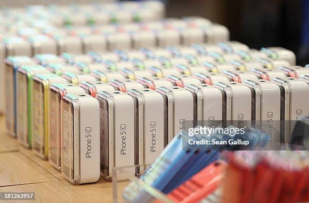 New Apple iPhone 5C smartphones await customers at the Berlin Apple Store on the first day of sales on September 20, 2013 in Berlin, Germany. The new...