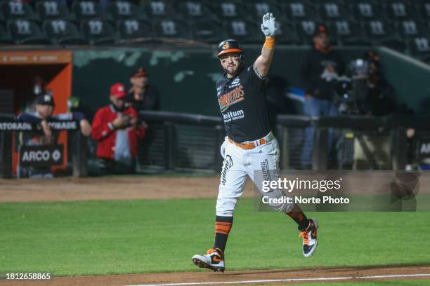 Agustin Murillo of Naranjeros celebrates a home run in the fourth inning during a game between Naranjeros de Hermosillo and Aguilas de Mexicali as...