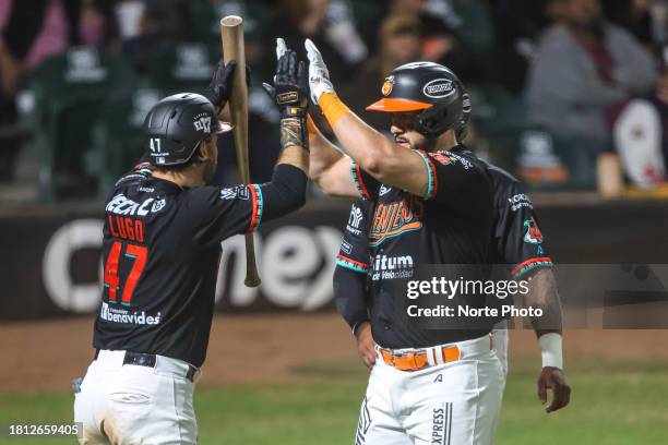 Agustin Murillo of Naranjeros celebrates a home run in the fourth inning during a game between Naranjeros de Hermosillo and Aguilas de Mexicali as...