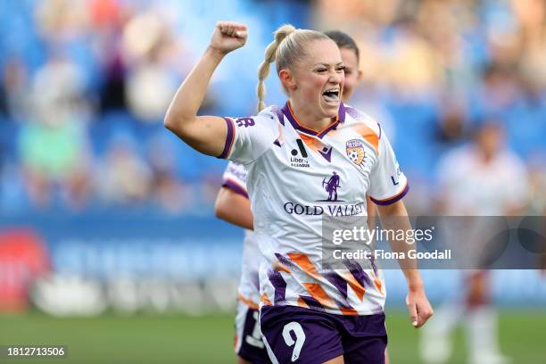 Millie Farrow of Perth celebrates a goal during the A-League Women round six match between Wellington Phoenix and Perth Glory at Go Media Stadium, on...