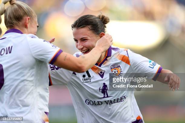 Millie Farrow of Perth celebrates a goal with Sofia Sakalis of Perth during the A-League Women round six match between Wellington Phoenix and Perth...