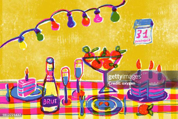 halftone illustration of new year or christmas decorations table with light garnad. bruit shampain, cake, sweets, fruits vibrant yellow magenta purple tone - party retro stock pictures, royalty-free photos & images