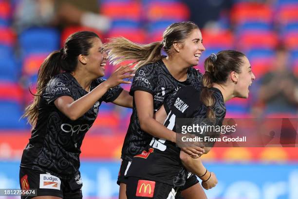 Hope Breslin of Wellington celebrates a goalduring the A-League Women round six match between Wellington Phoenix and Perth Glory at Go Media Stadium,...