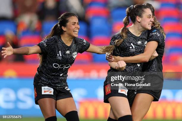 Hope Breslin of Wellington celebrates a goalduring the A-League Women round six match between Wellington Phoenix and Perth Glory at Go Media Stadium,...