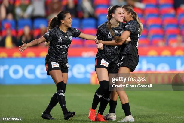 Hope Breslin of Wellington celebrates a goalduring the A-League Women round six match between Wellington Phoenix and Perth Glory at Go Media Stadium,...