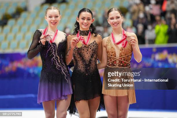 Silver medalist Lindsay Thorngren of the United States, gold medalist Ava Marie Ziegler of the United States and bronze medalist Nina Pinzarrone of...
