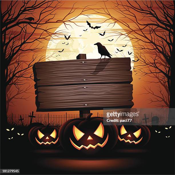 illustrazioni stock, clip art, cartoni animati e icone di tendenza di halloween-cartello in legno - halloween