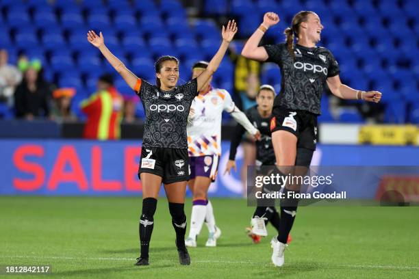 Chloe Knott of Wellington celebrates the win during the A-League Women round six match between Wellington Phoenix and Perth Glory at Go Media...