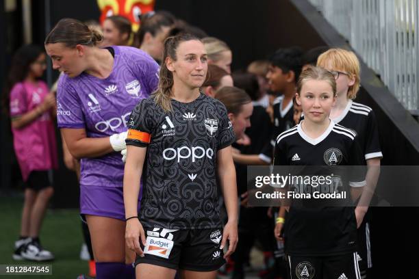 Annalie Longo of Wellington leads the team out during the A-League Women round six match between Wellington Phoenix and Perth Glory at Go Media...