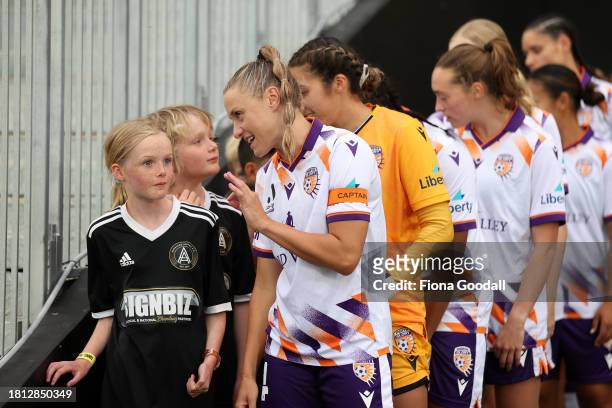 Natasha Rigby of Perth leads the teak out during the A-League Women round six match between Wellington Phoenix and Perth Glory at Go Media Stadium,...