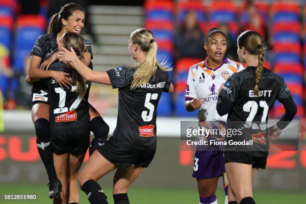 Chloe Knott of Wellington celebrates a goal during the A-League Women round six match between Wellington Phoenix and Perth Glory at Go Media Stadium,...