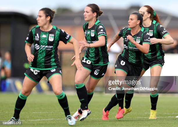 Western United players are pictured during a Western Sydney set piece during the A-League Women round six match between Western United and Western...