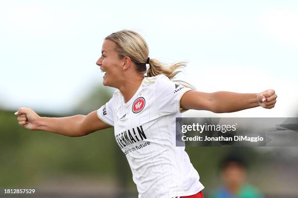 Sophie Harding of Western Sydney celebrates a goal during the A-League Women round six match between Western United and Western Sydney Wanderers at...