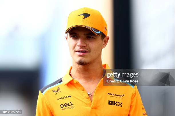 Lando Norris of Great Britain and McLaren walks in the Paddock prior to final practice ahead of the F1 Grand Prix of Abu Dhabi at Yas Marina Circuit...