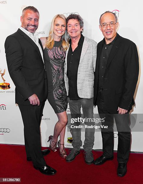 Actors Matt LeBlanc and Mircea Monroe and writers Jeffrey Klarik and David Crane arrive at the 65th Primetime Emmy Awards Writer Nominees at Academy...