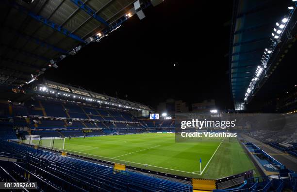 General view of Stamford Bridge prior to the UEFA Women's Champions League group stage match between Chelsea FC and Paris FC at Stamford Bridge on...