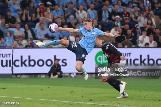 Jaiden Kucharski of Sydney FC attempts to control the ball whilst under pressure during the A-League Men round five match between Sydney FC and...