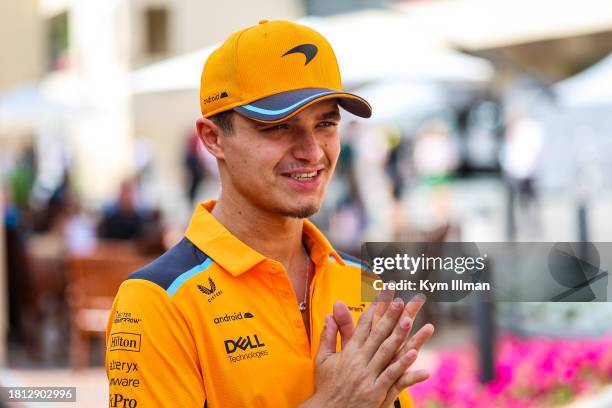 Lando Norris of Great Britain and McLaren in the paddock during qualifying ahead of the F1 Grand Prix of Abu Dhabi at Yas Marina Circuit on November...