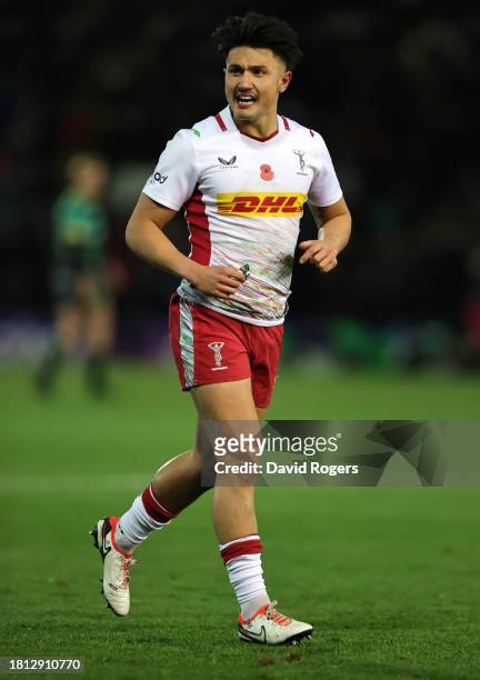 Marcus Smith of Harlequins looks on during the Gallagher Premiership Rugby match between Northampton Saints and Harlequins at the cinch Stadium at...
