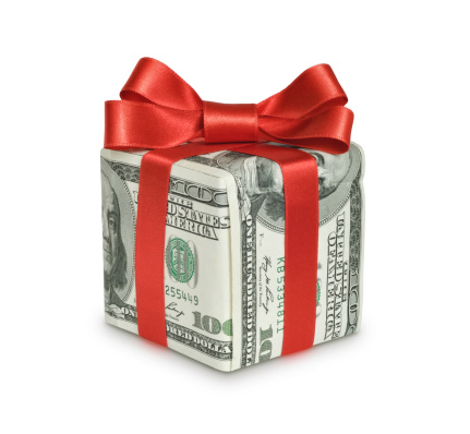Money gift box with red ribbon