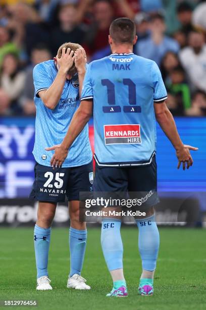 Jaiden Kucharski of Sydney FC reacts after a missed chance as Róbert Mak of Sydney FC fruduring the A-League Men round five match between Sydney FC...