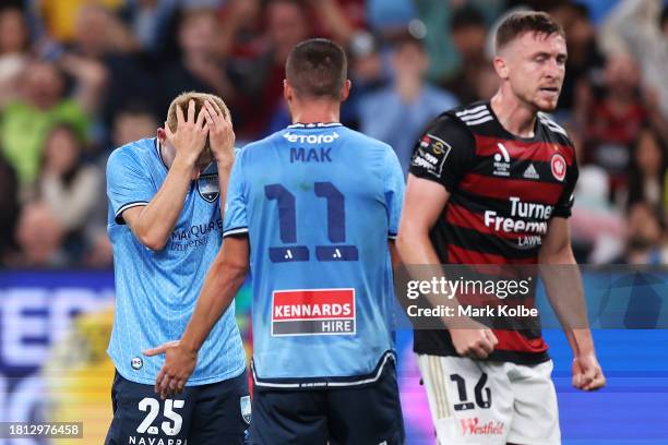 Jaiden Kucharski of Sydney FC reacts after a missed chance as Róbert Mak of Sydney FC shows his frustration during the A-League Men round five match...