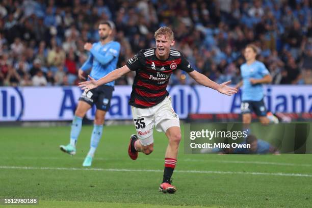 Zac Sapsford of the Wanderers celebrates after scoring the teams first goal during the A-League Men round five match between Sydney FC and Western...