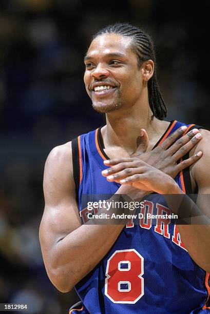 Latrell Sprewell of the New York Knicks smiles during the NBA game against the Los Angeles Lakers at Staples Center on February 16, 2003 in Los...