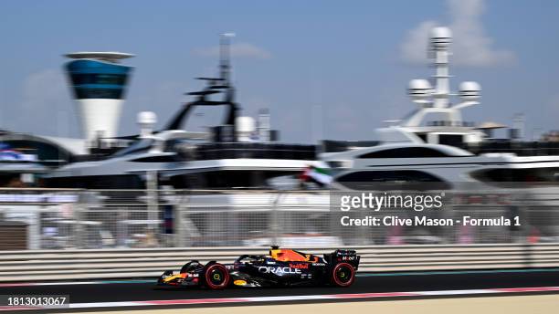 Max Verstappen of the Netherlands driving the Oracle Red Bull Racing RB19 on track during final practice ahead of the F1 Grand Prix of Abu Dhabi at...