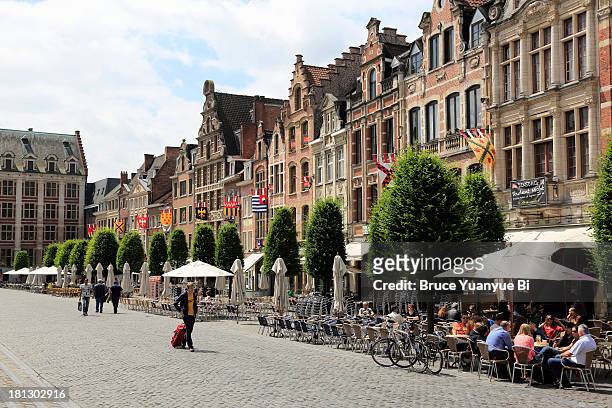 old market square with row of flemish houses - lovaina fotografías e imágenes de stock
