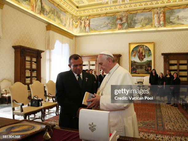 Pope Francis receives in audience with the Honduras President Porfirio Lobo Sosa on September 20, 2013 in Vatican City, Vatican.