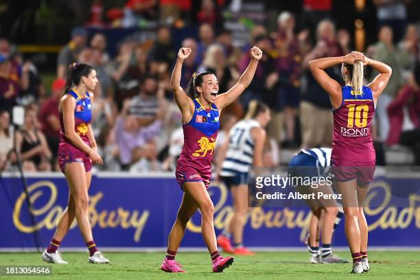 Jade Ellenger of the Lions celebrates the victory on the final siren during the AFLW First Preliminary Final match between Brisbane Lions and Geelong...