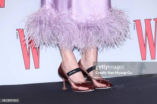 Model Irene Kim, shoe detail, is seen at the 18th W Magazine Korea Breast Cancer Awareness Campaign "Love Your W" photo call at Four Seasons Hotel on...