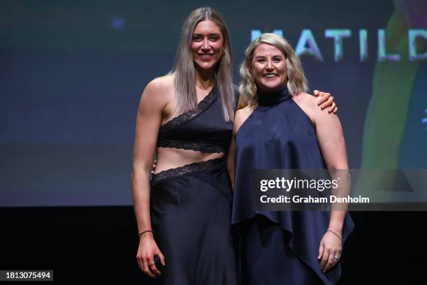Matilda Garrett poses with Stacey Marinkovich after receiving her Origin Australian Diamonds pendant during the 2023 Australian Netball Awards at The...