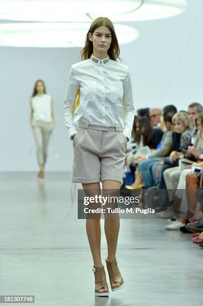 Model walks the runway during the Iceberg show as a part of Milan Fashion Week Womenswear Spring/Summer 2014 on September 20, 2013 in Milan, Italy.