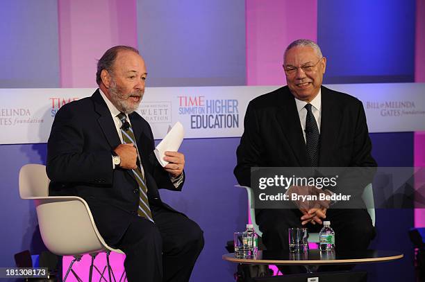 Political Columnist Joe Klien and General Colin Powell speak at TIME Summit On Higher Education Day 2 at Time Warner Center on September 20, 2013 in...