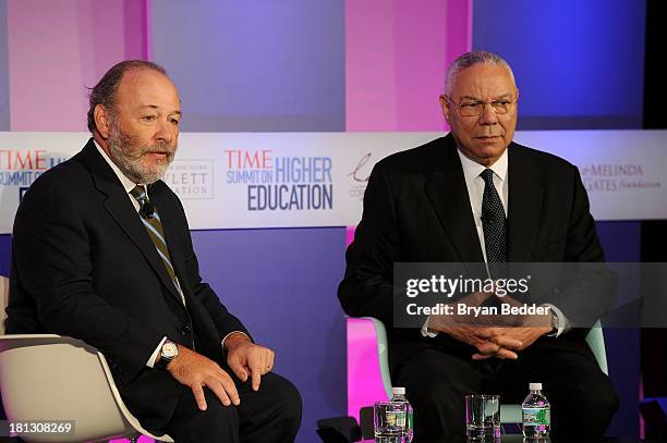 Political Columnist Joe Klien and General Colin Powell speak at TIME Summit On Higher Education Day 2 at Time Warner Center on September 20, 2013 in...