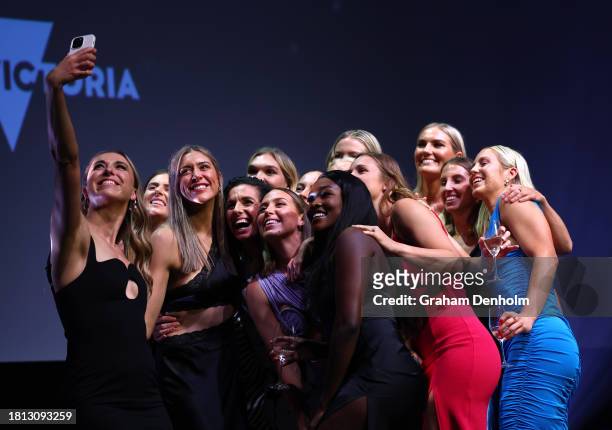 The 2023 World Cup Diamonds squad take a selfie during the 2023 Australian Netball Awards at The Forum on November 25, 2023 in Melbourne, Australia.