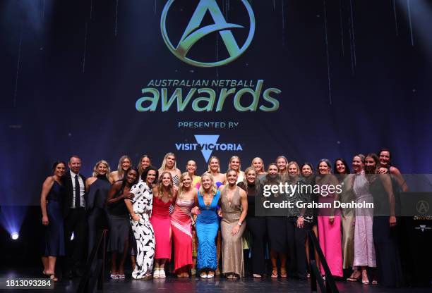 The 2023 World Cup Diamonds and staff pose for a photo during the 2023 Australian Netball Awards at The Forum on November 25, 2023 in Melbourne,...