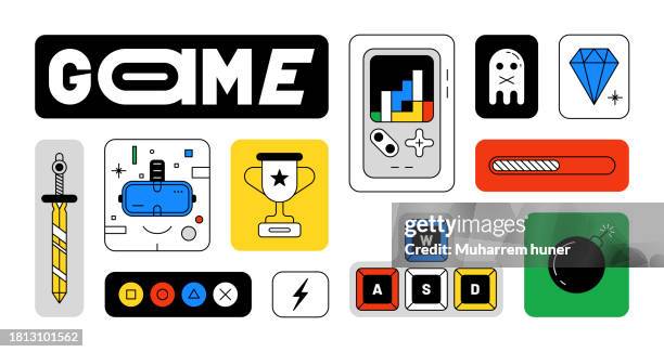 colorful game concept vector illustration icons. w, a, s, d, keyboard keys, sword, game controller, golden cup, win, monster, diamond, bomb, monster, game typography, lightning, virtual reality. - tag game stock illustrations