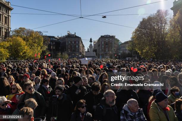 Activists take part in the demonstration "Il Patriarcato Uccide" , demanding the elimination of violence against women on November 25, 2023 in Milan,...